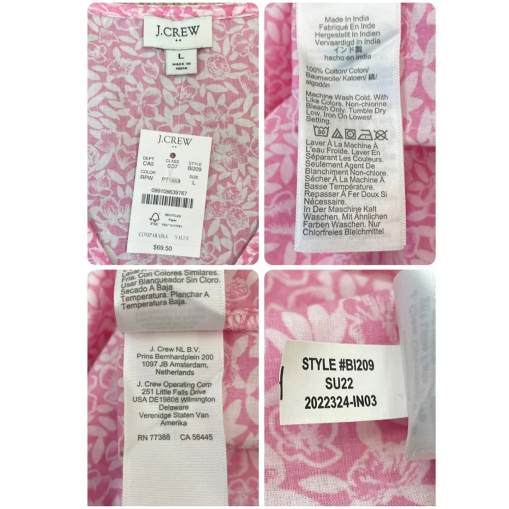 J. Crew Cotton V-Neck Puff-Sleeve Floral Womens Pink/White Blouse Size Large NEW